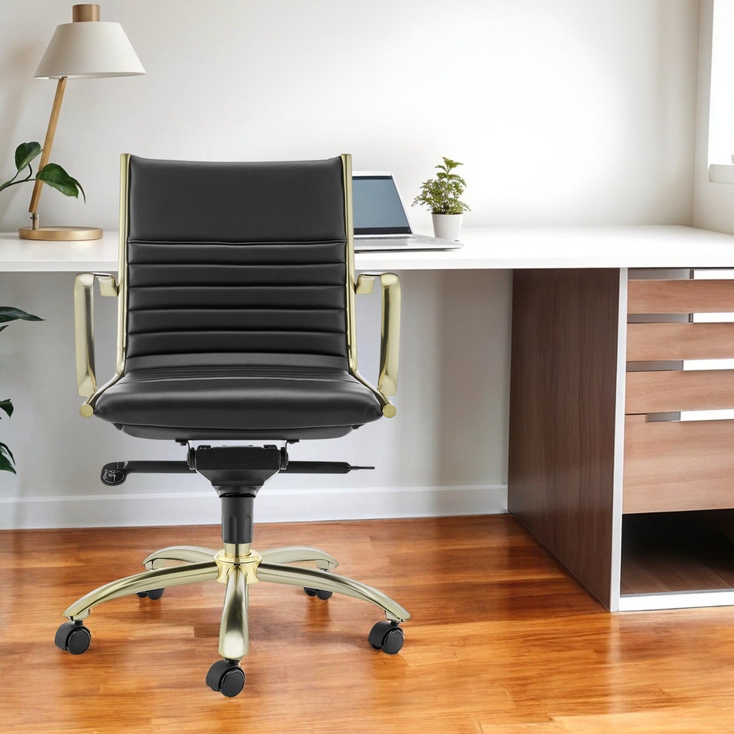 Black and Gold Steel and Faux Leather Adjustable Swivel Rolling Conference Office Chair