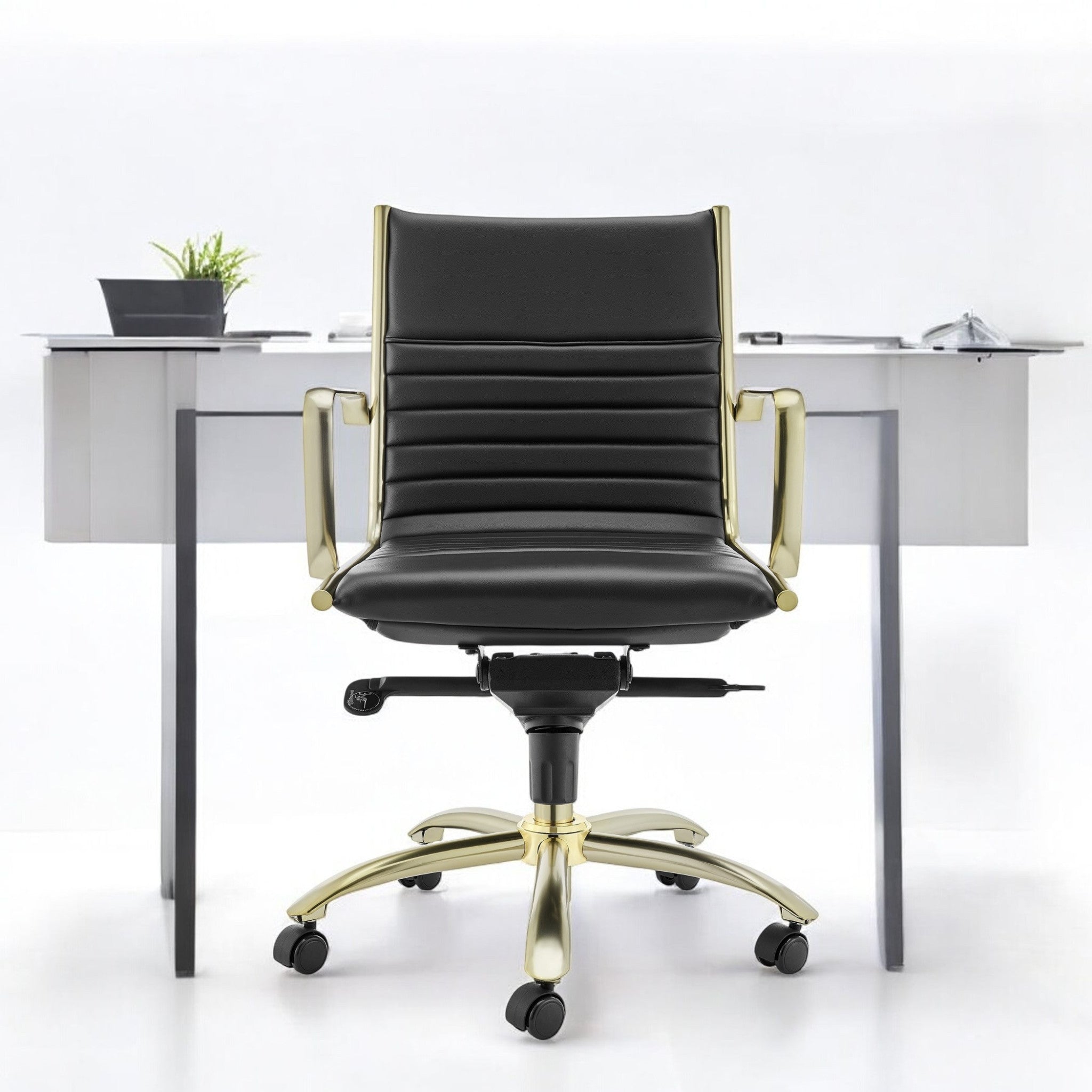 Black and Gold Steel and Faux Leather Adjustable Swivel Rolling Conference Office Chair
