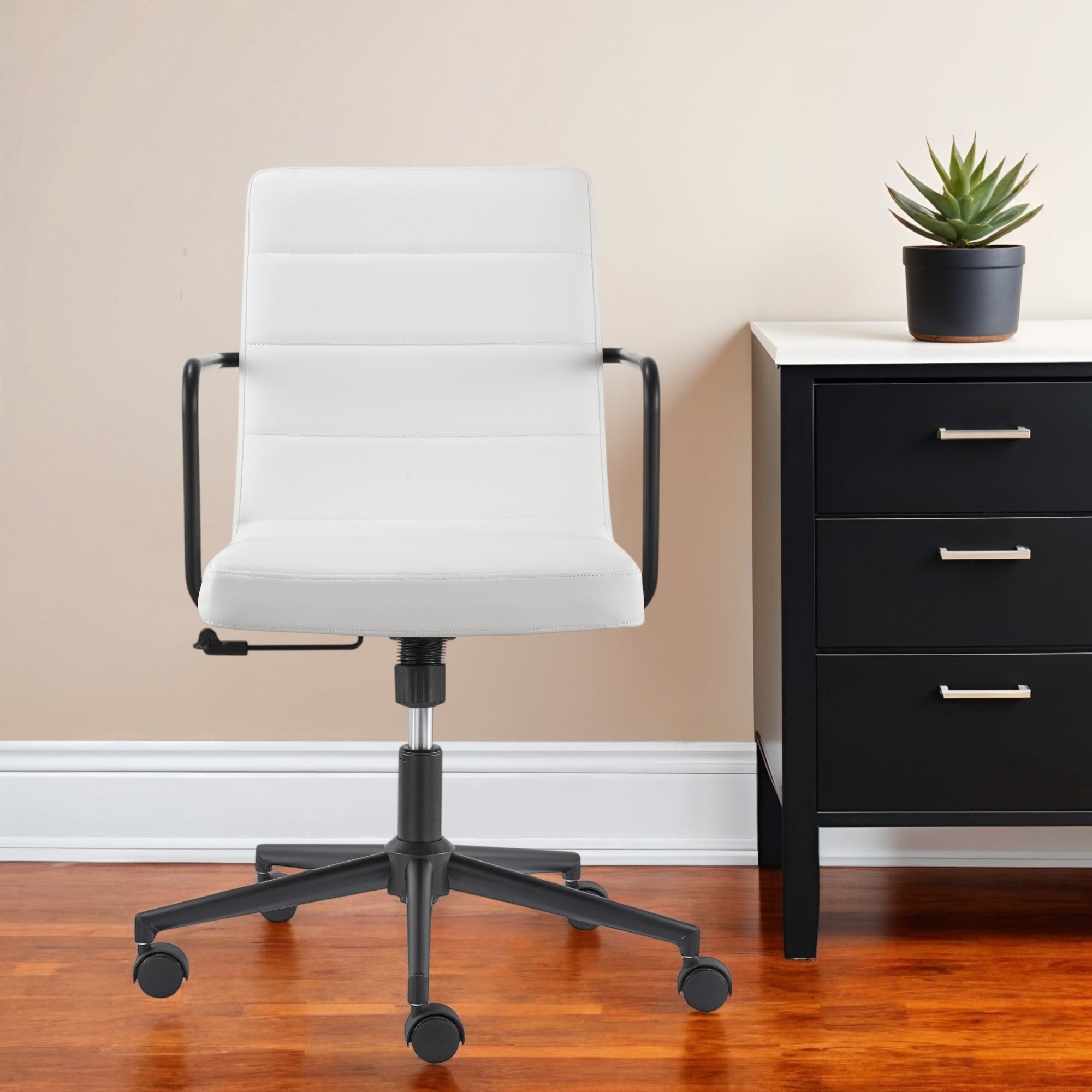 White and Black Steel and Faux Leather Adjustable Swivel Rolling Office Chair