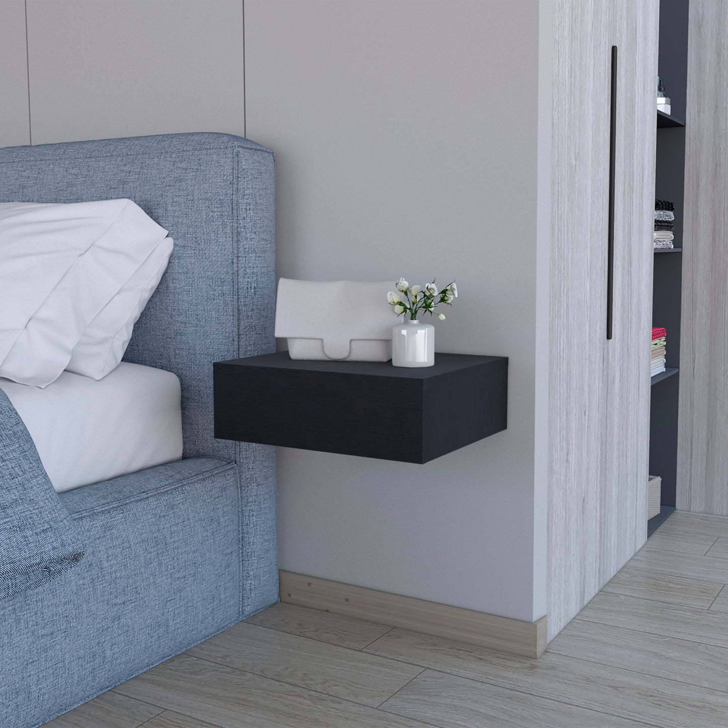 5" Black Wood One Drawer Floating Nightstand