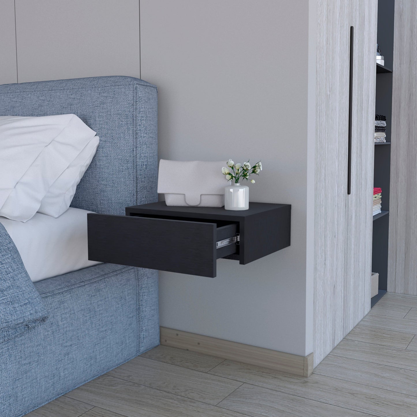 5" Black Wood One Drawer Floating Nightstand