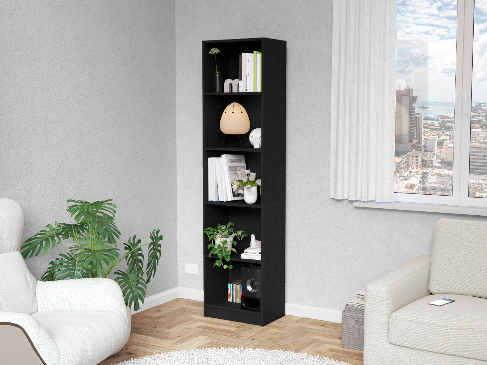 70" Black Wood Five Tier Bookcase