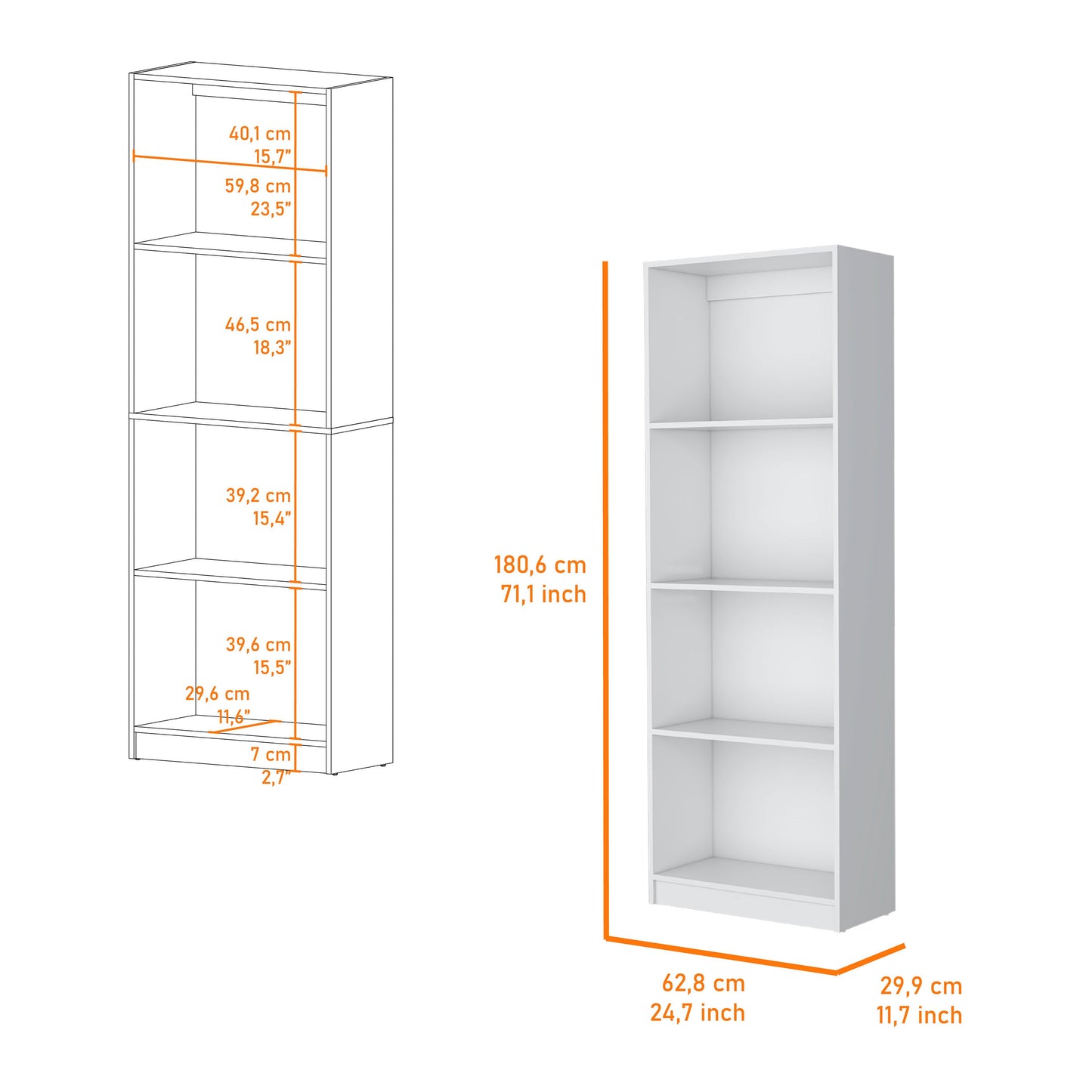 71" White Wood Four Tier Bookcase