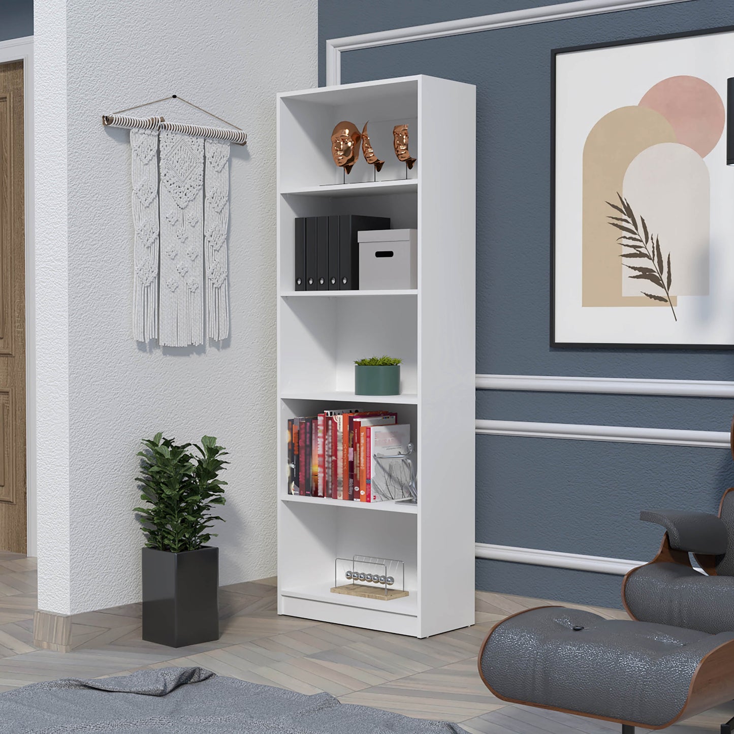 71" White Wood Five Tier Bookcase