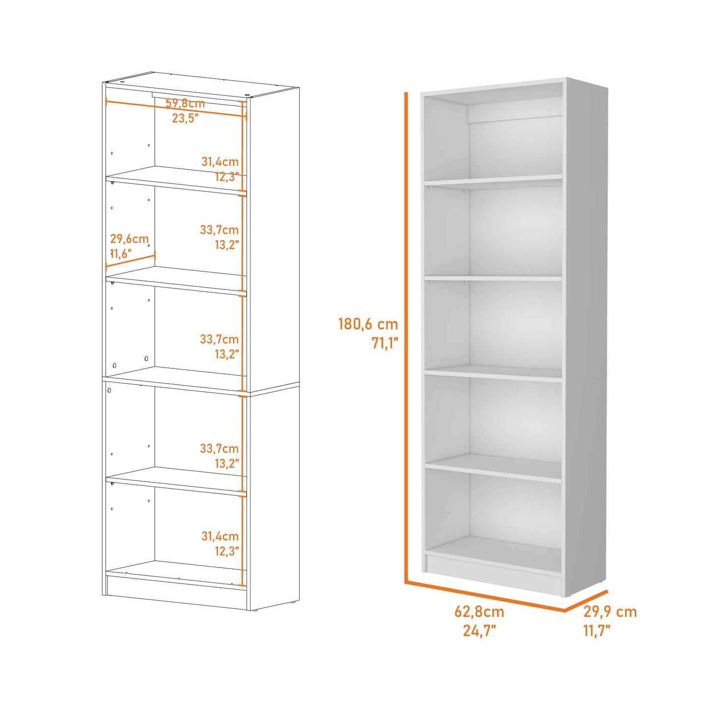 71" White Wood Five Tier Bookcase