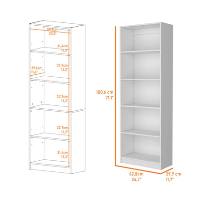 71" White Wood Five Tier Bookcase