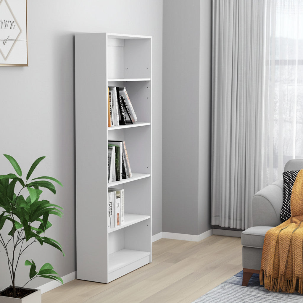 71" White Wood Five Tier Bookcase