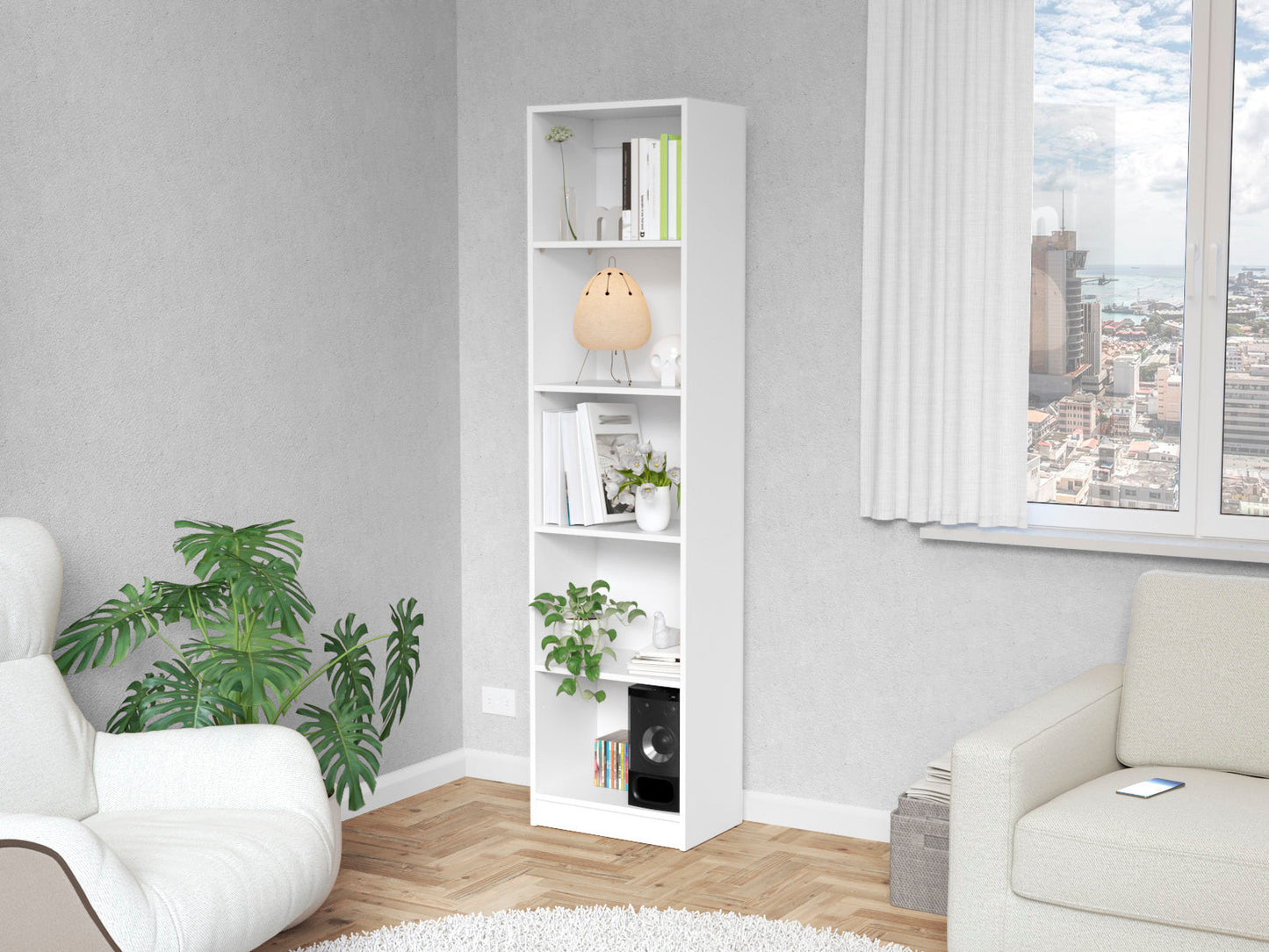 71" White Wood Five Tier Bookcase