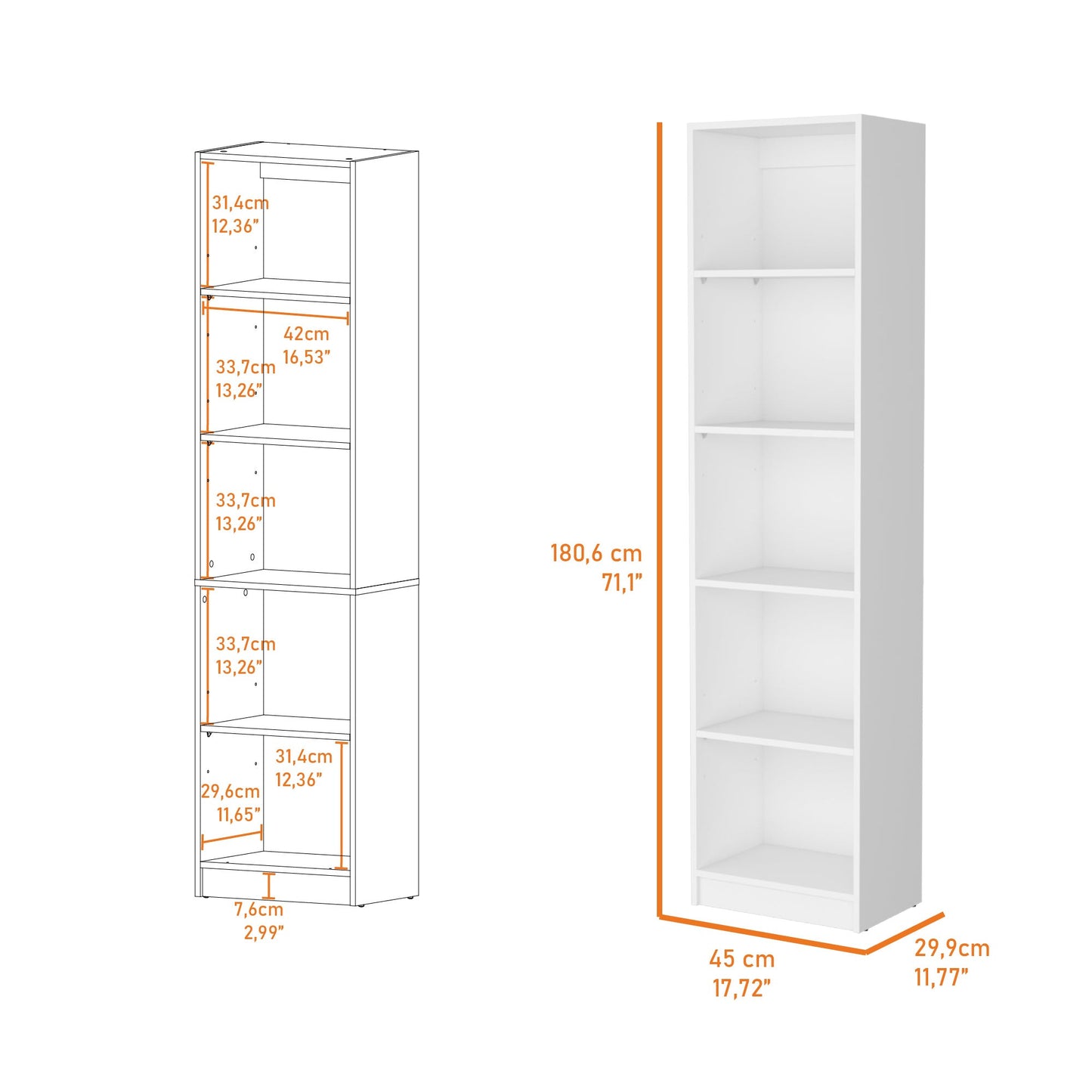 71" White Wood Five Tier Bookcase