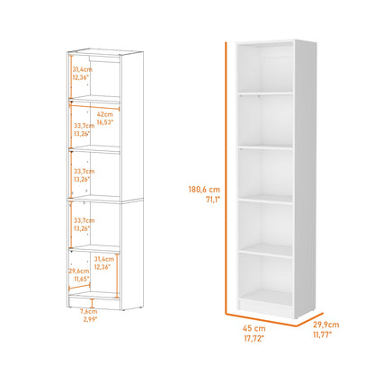 71" White Wood Five Tier Bookcase