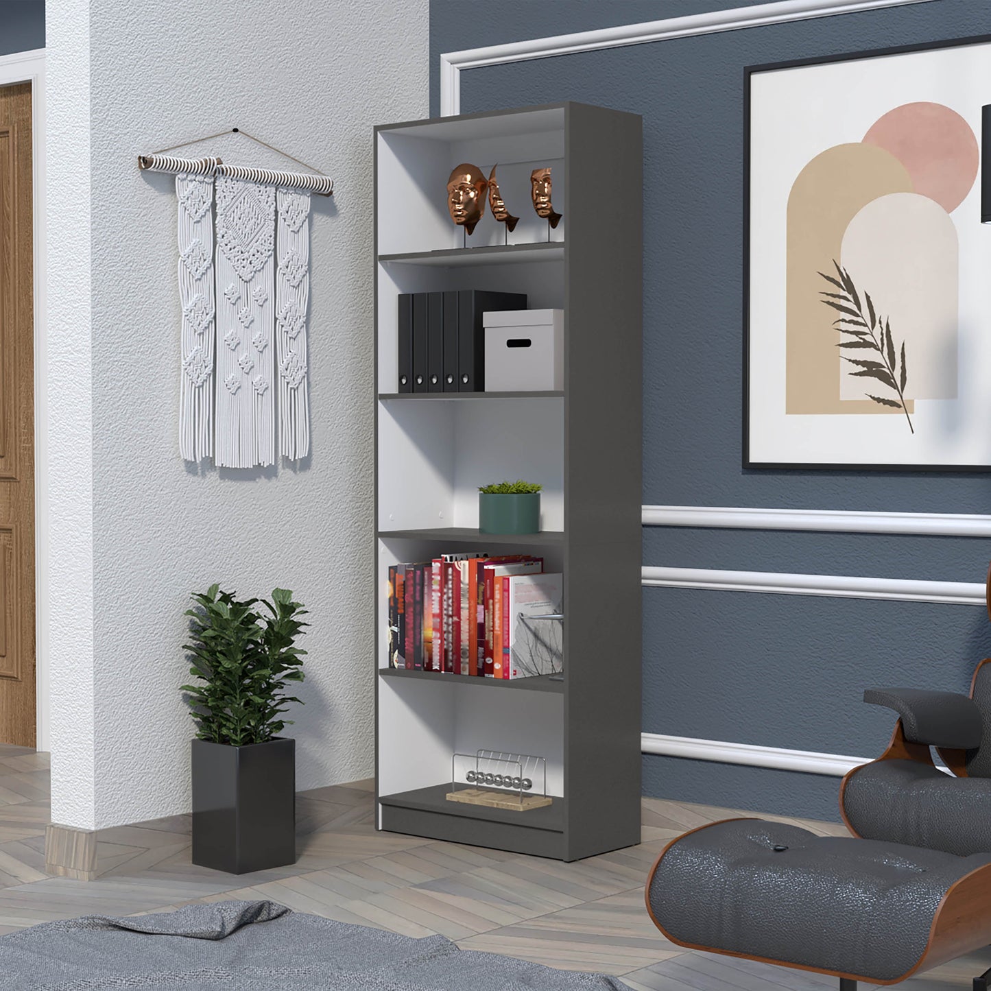 71" Gray And White Wood Five Tier Bookcase