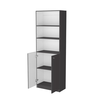 71" Gray And White Wood Three Tier Bookcase with Two Doors