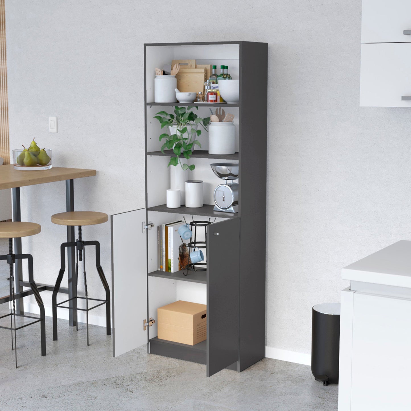 71" Gray And White Wood Three Tier Bookcase with Two Doors