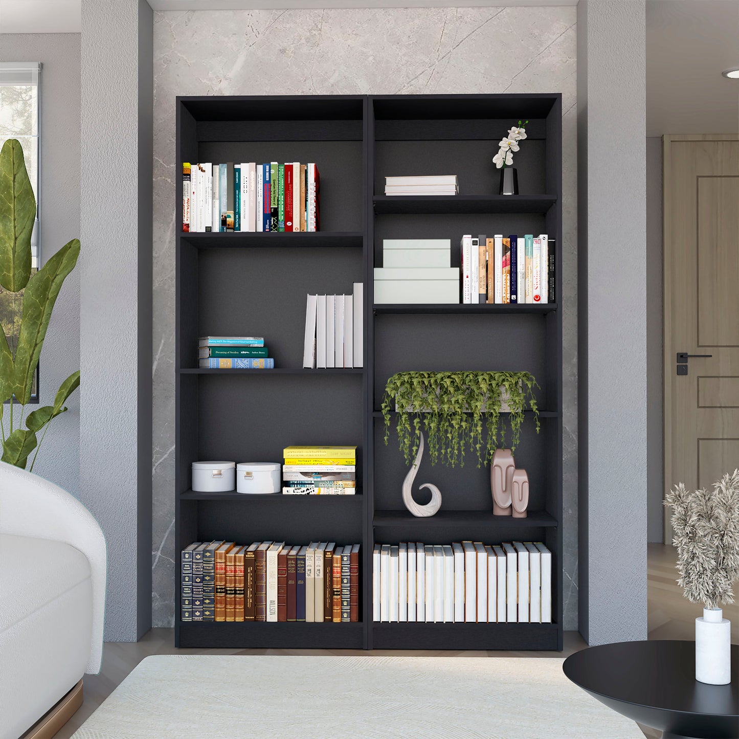 Set of Two Black Wood Multi Tier Bookcases