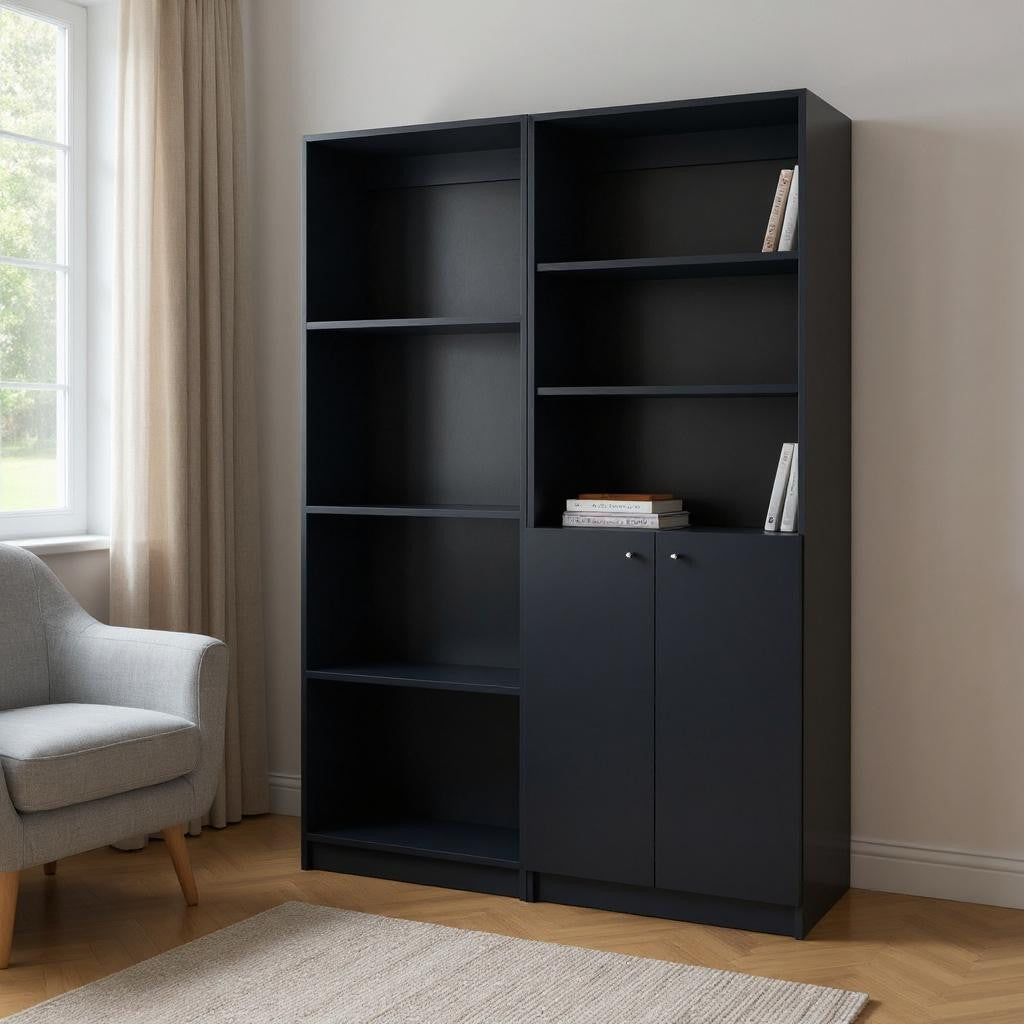 Set of Two 71" Black Bookcase With Two Doors
