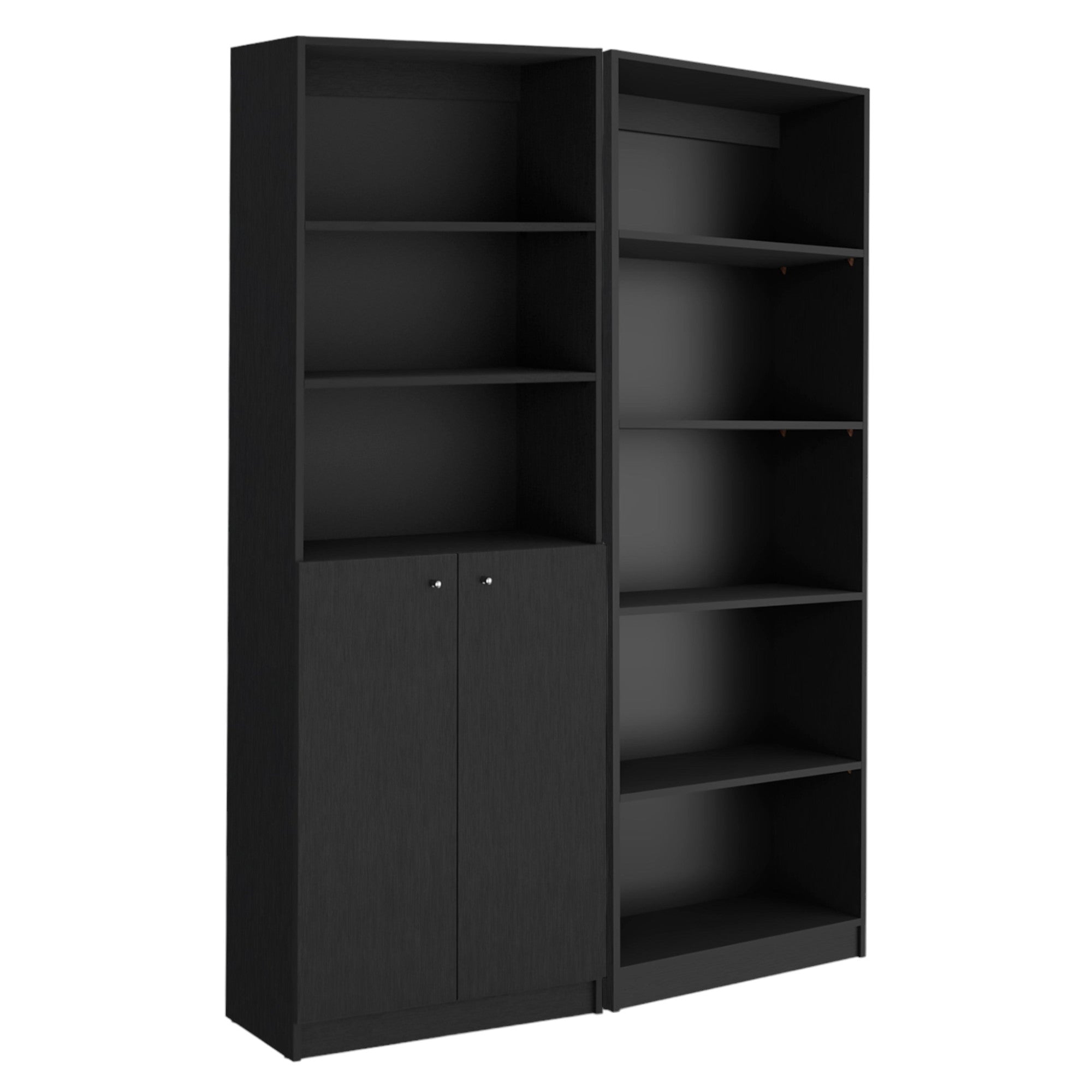Set of Two 71" Black Five Tier Bookcase With Two Doors