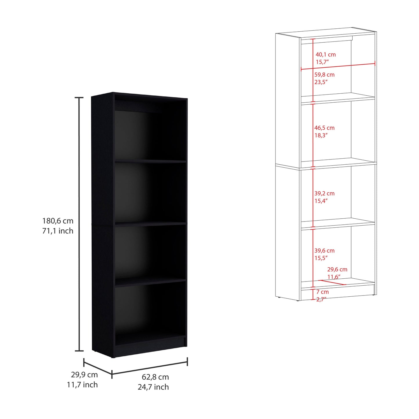 Set of Three Black Wood Four Tier Bookcases