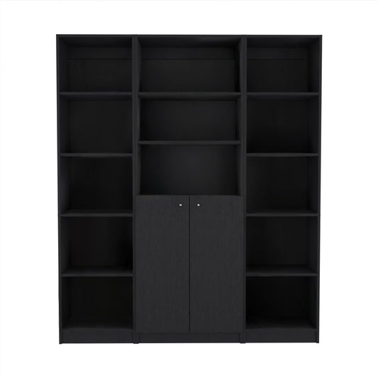 Set of Three Black Five Tier Bookcases with Two Doors