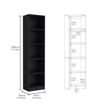 71" Black Five Tier Bookcase with Four Doors
