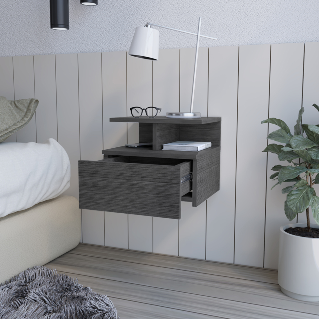 13" Dark Gray Wood One Drawer Floating Nightstand
