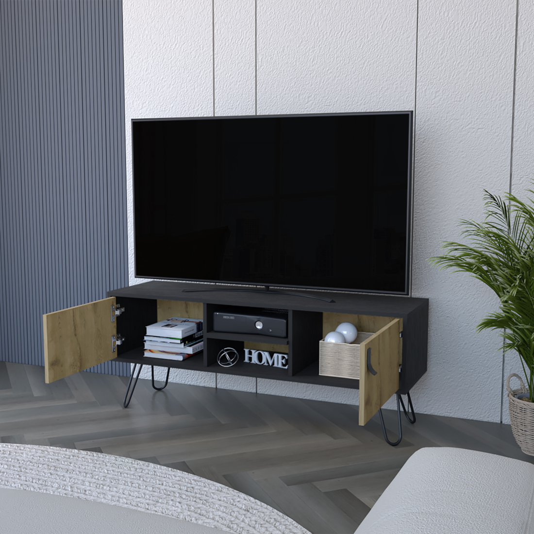 48" Beige and Black Cabinet Open And Enclosed Storage TV Stand