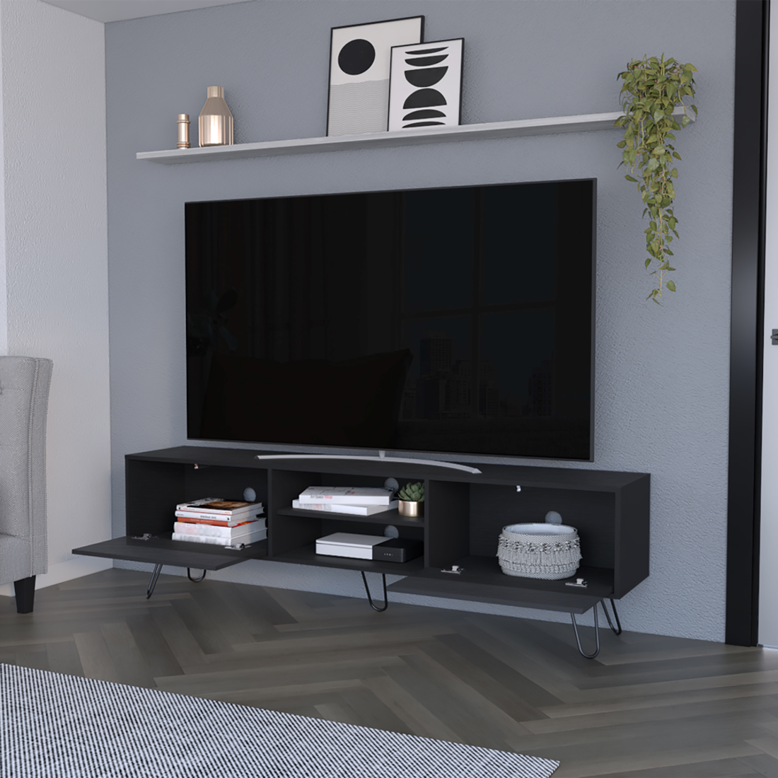 71" Black Wood Enclosed And Open Storage TV Stand