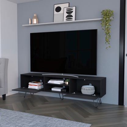 71" Black Wood Enclosed And Open Storage TV Stand