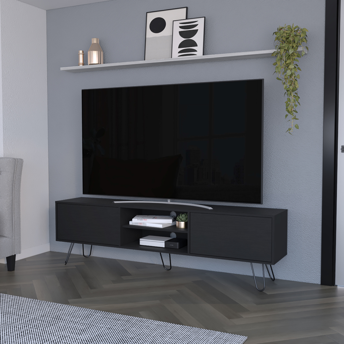 71" Black Wood Enclosed And Open Storage TV Stand