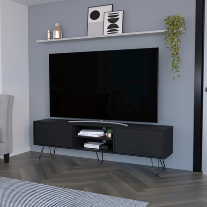 71" Black Wood Enclosed And Open Storage TV Stand