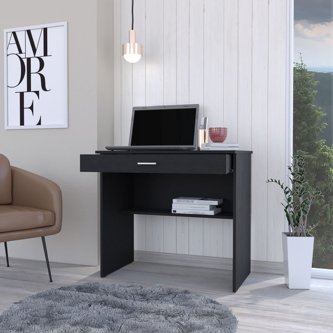 32" Black Wood Computer Desk With Drawer