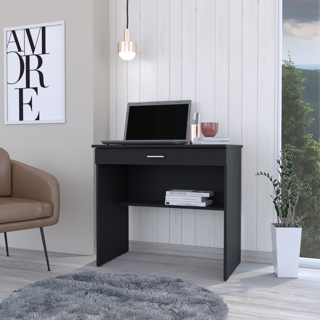 32" Black Wood Computer Desk With Drawer