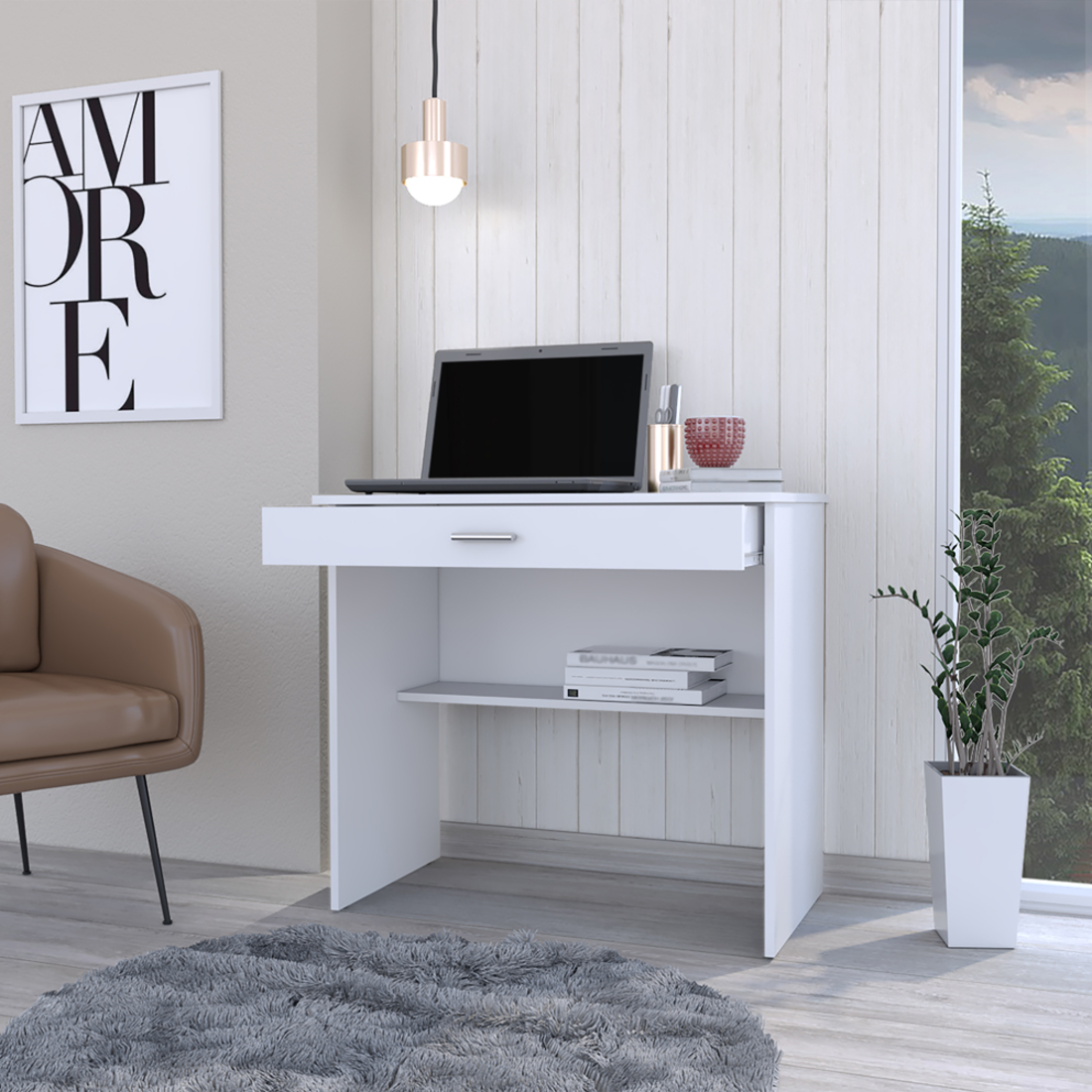 32" White Wood Computer Desk With Drawer