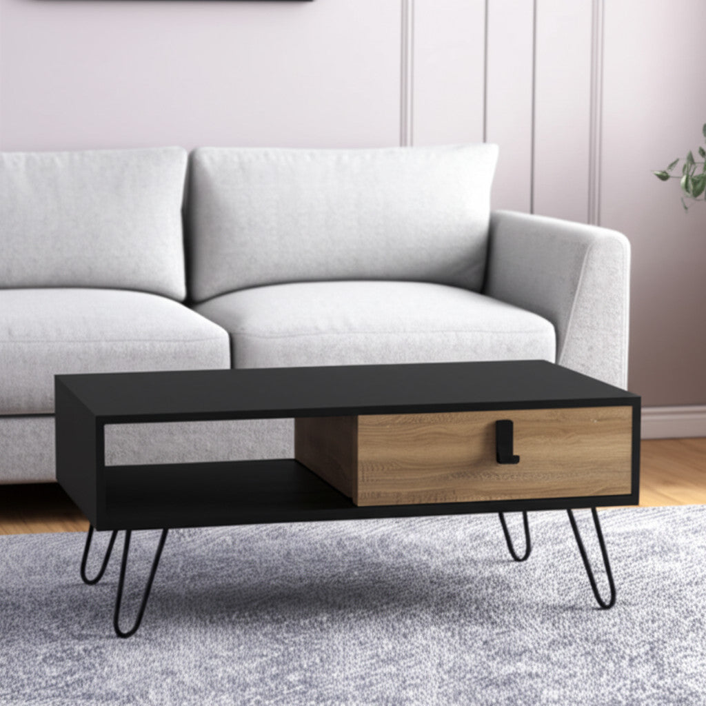 41" Black and Oak Wood and Metal Coffee Table With Drawer And Shelf