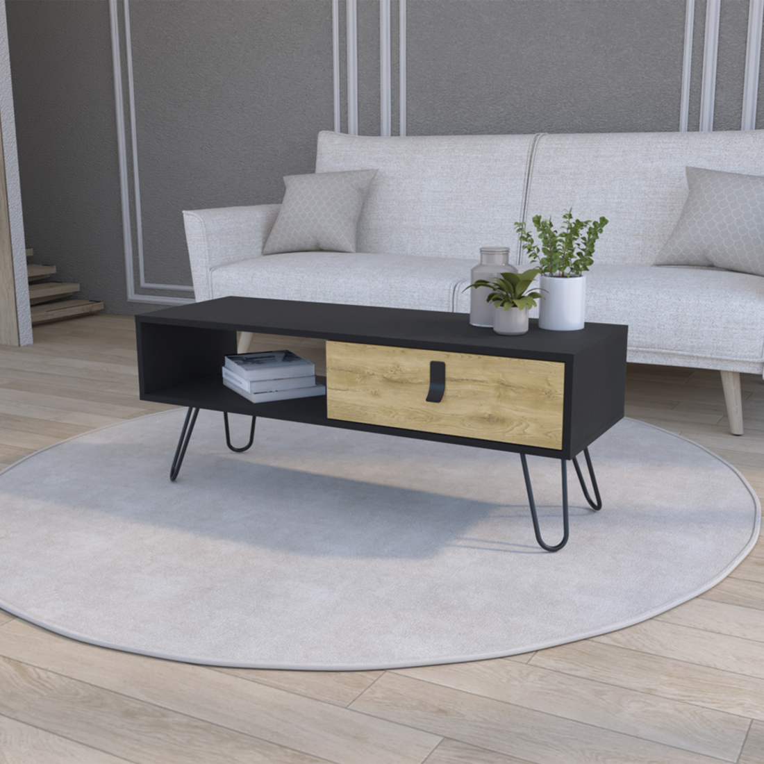 41" Black and Oak Wood and Metal Coffee Table With Drawer And Shelf