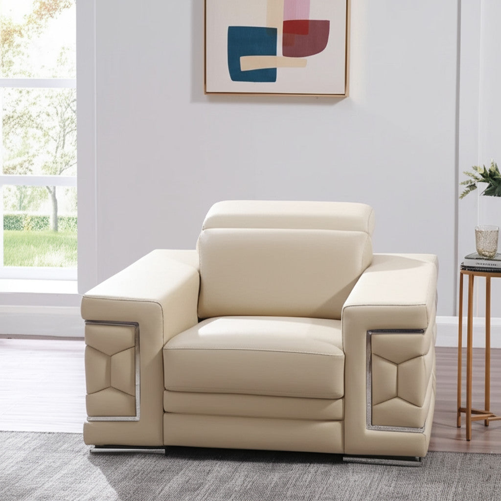 47" Beige and Silver Genuine Leather Club Chair