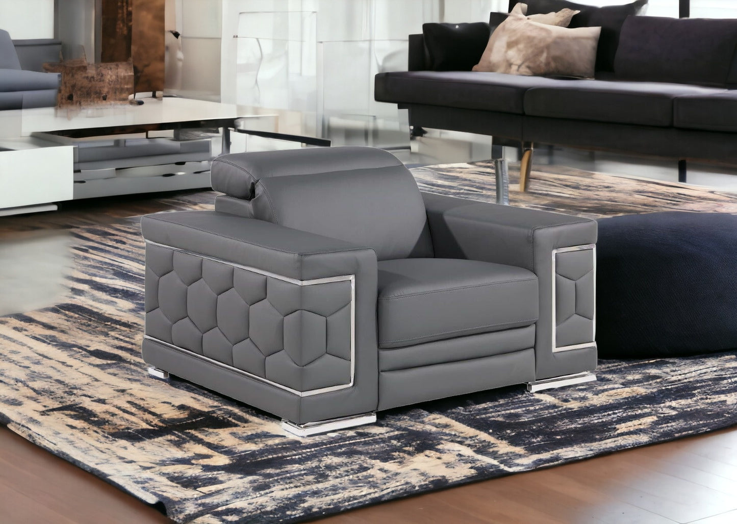 47" Granite Gray And Silver Genuine Leather Club Chair