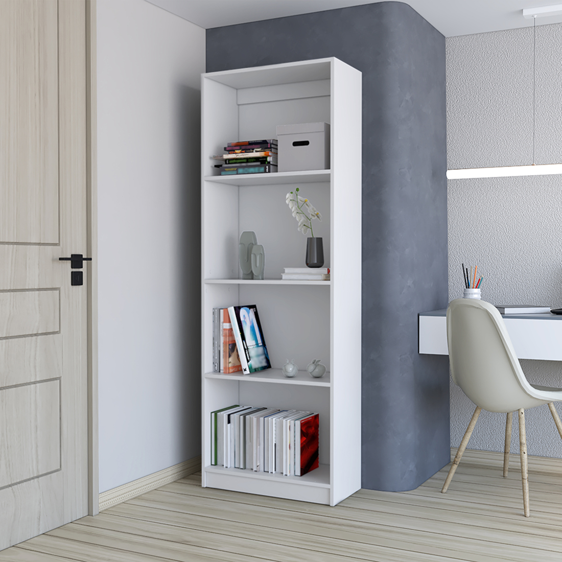 71" White Wood Four Tier Bookcase