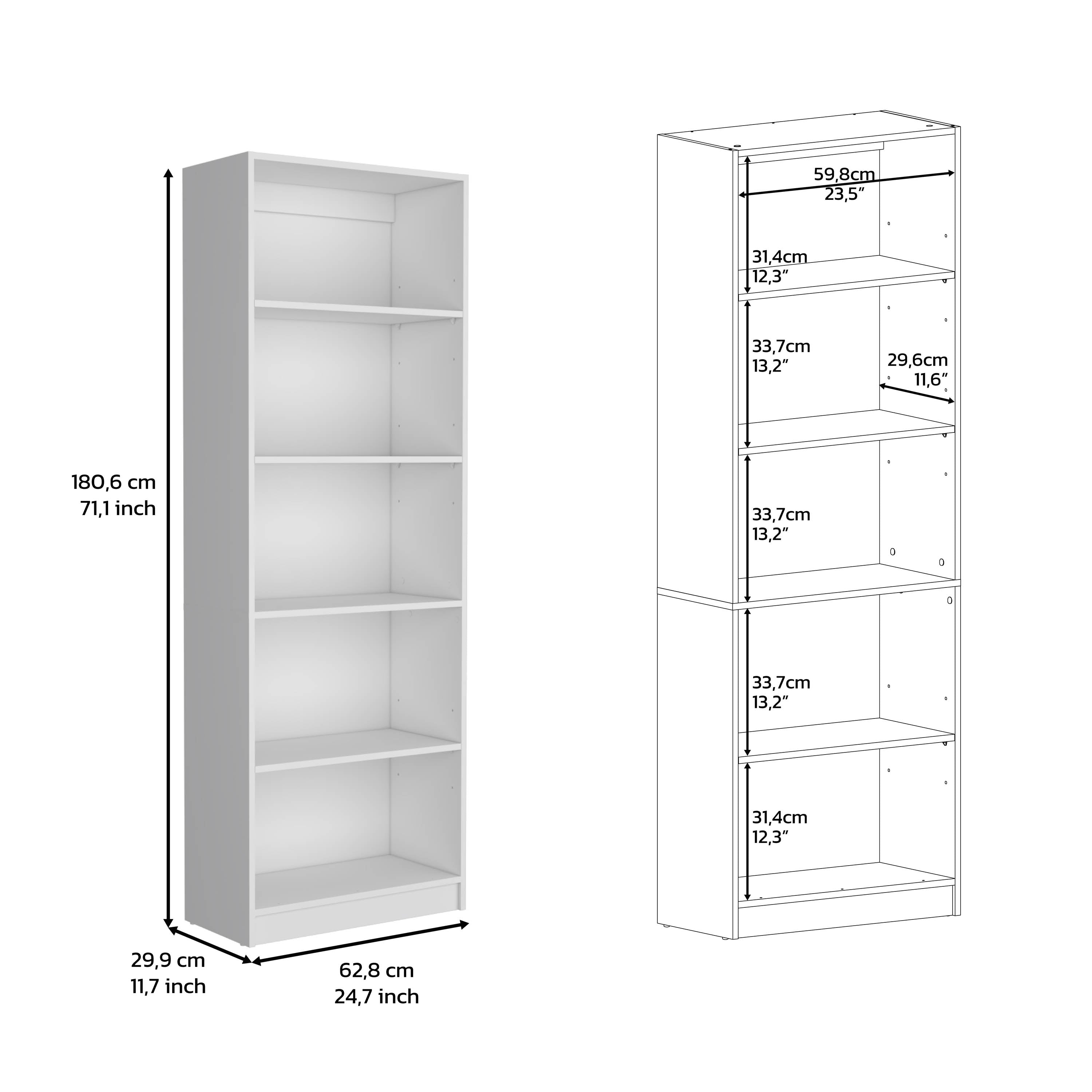 71" White Wood Five Tier Bookcase