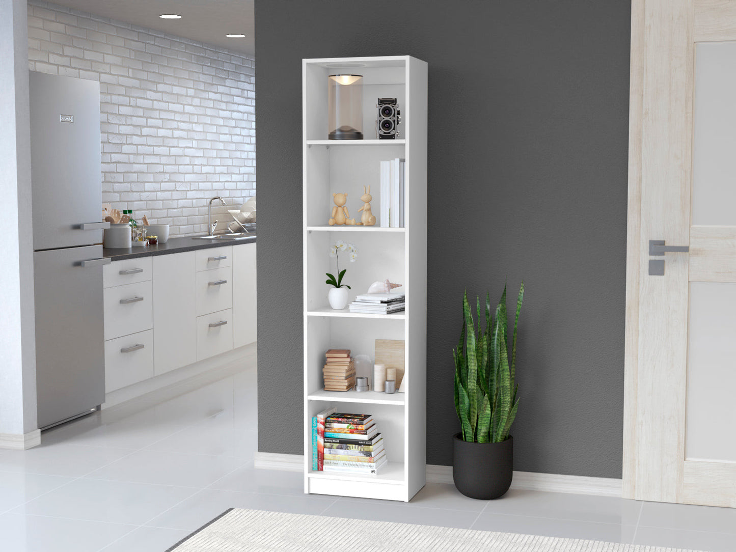 71" White Wood Five Tier Bookcase