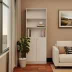 71" White Wood Three Tier Bookcase with Two Doors