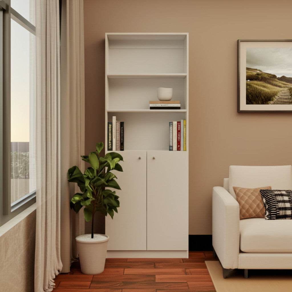 71" White Wood Three Tier Bookcase with Two Doors