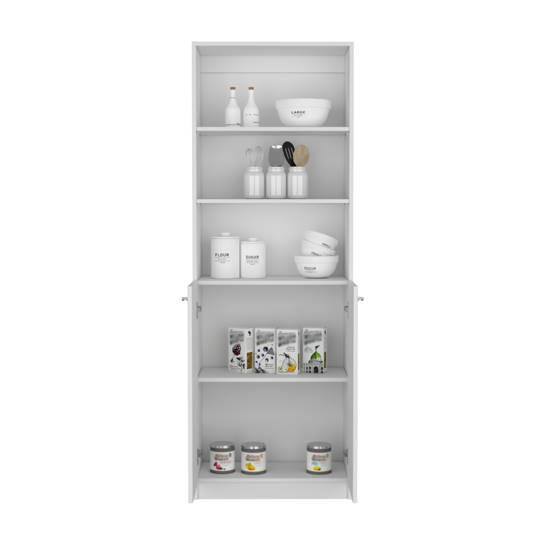 71" White Wood Three Tier Bookcase with Two Doors