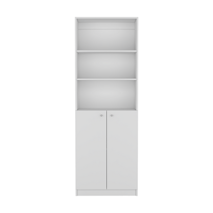 71" White Wood Three Tier Bookcase with Two Doors