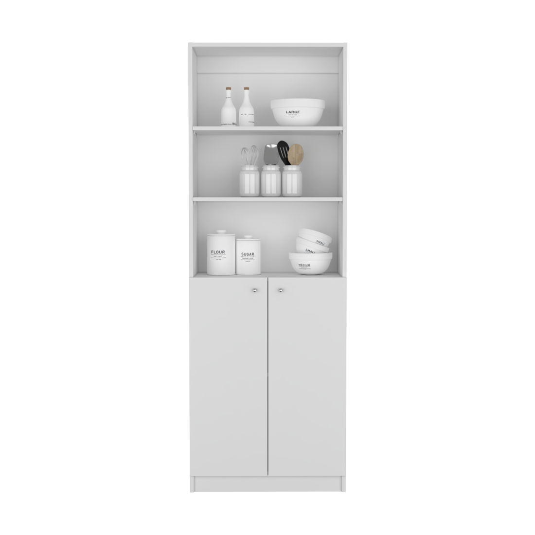 71" White Wood Three Tier Bookcase with Two Doors