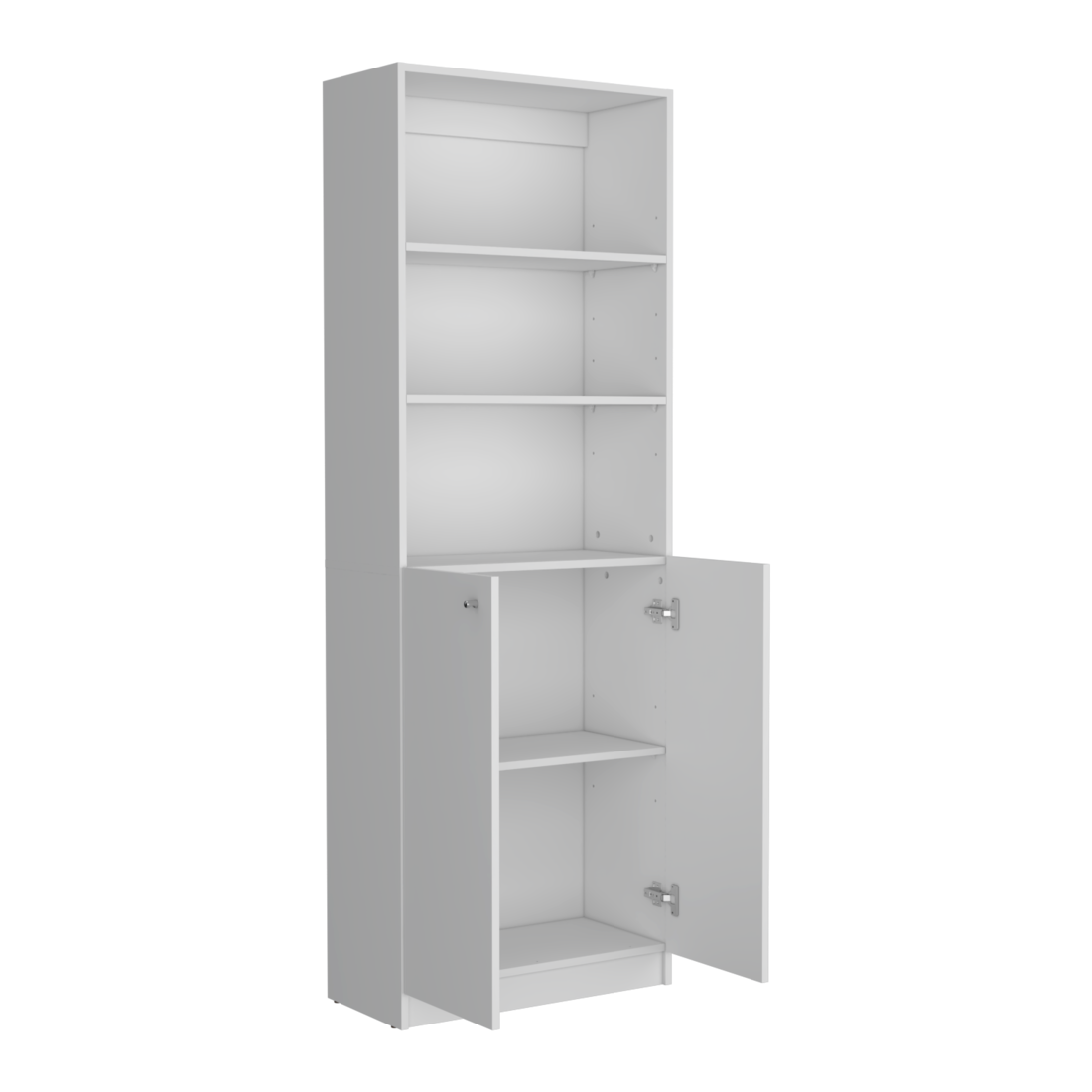71" White Wood Three Tier Bookcase with Two Doors