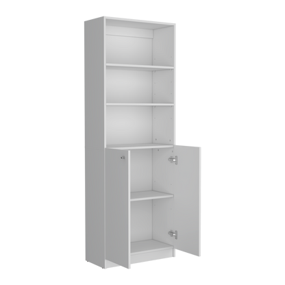 71" White Wood Three Tier Bookcase with Two Doors