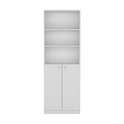 71" White Wood Three Tier Bookcase with Two Doors