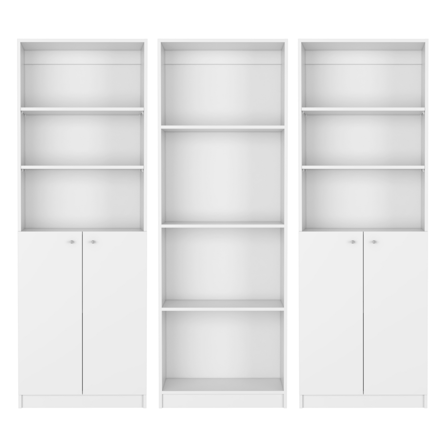 Set of Three White Wood Ten Tier Modular Bookcase with Four Doors
