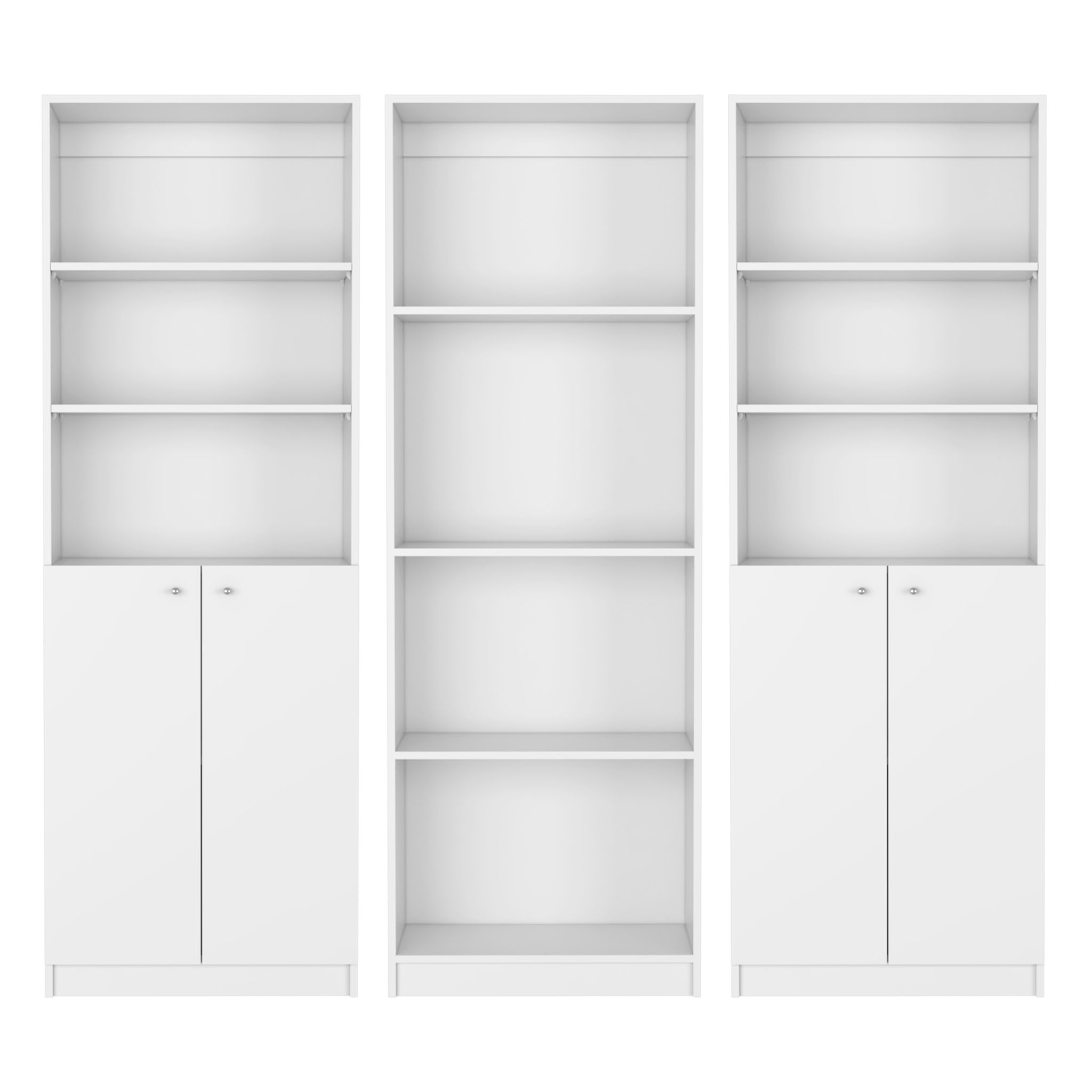 Set of Three White Wood Ten Tier Modular Bookcase with Four Doors