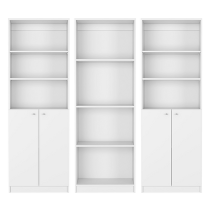 Set of Three White Wood Ten Tier Modular Bookcase with Four Doors